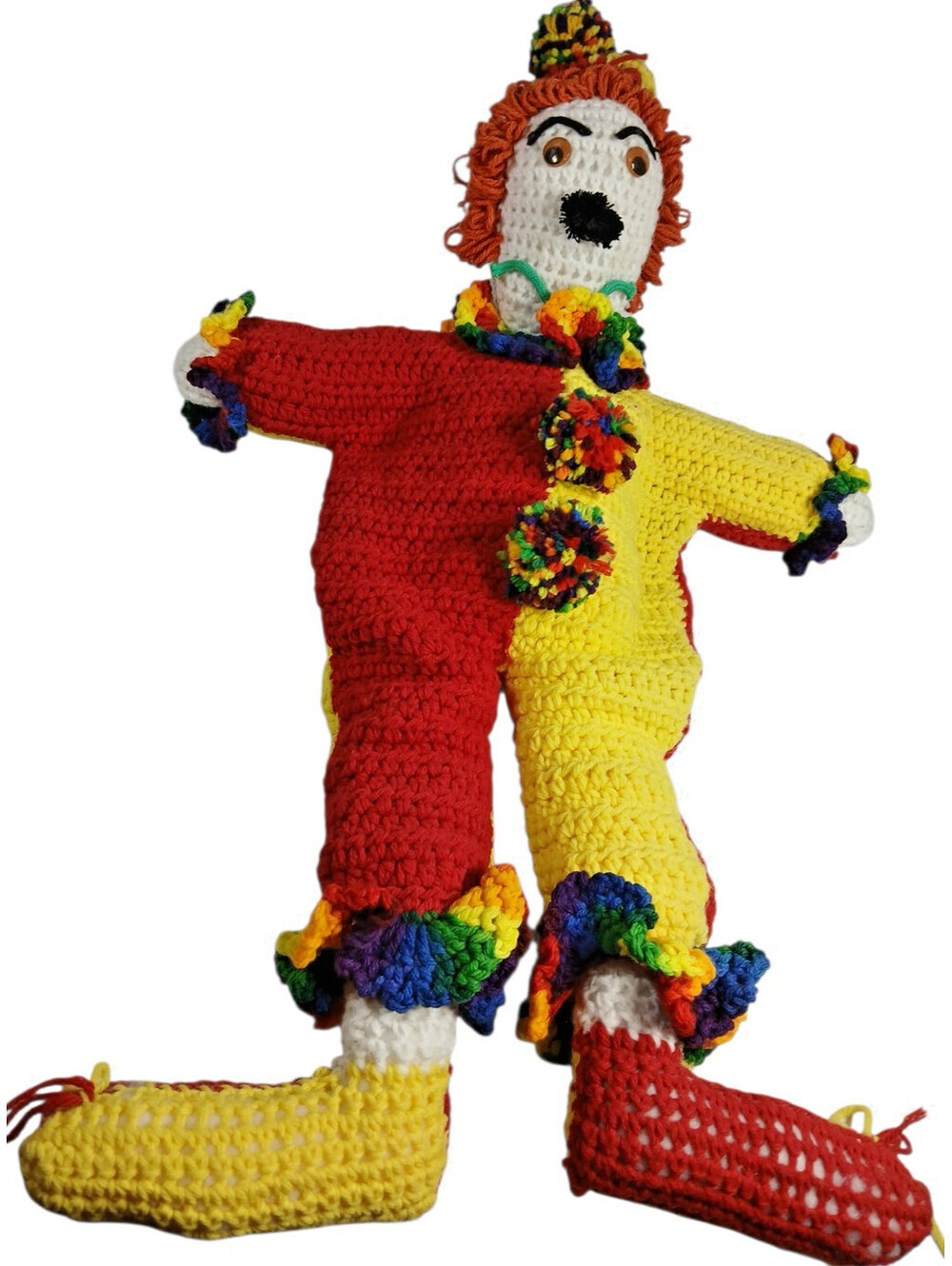 Vintage 24" Handmade Crocheted Plush Clown Collector Red Yellow Colorful